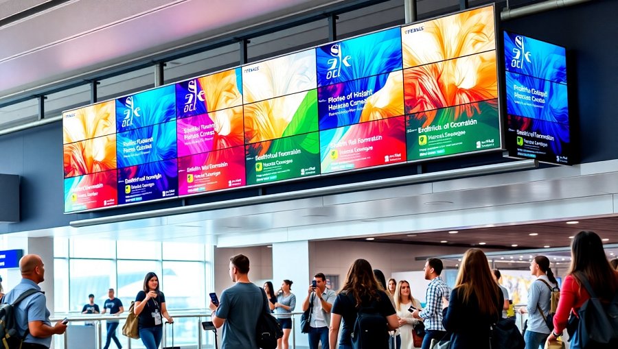 Ludzie na lotnisku, nad nimi ekrany Digital Signage, grafika AI